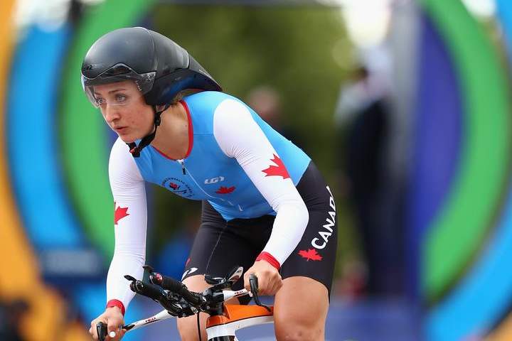 Leah Kirchmann of Canada competes in the women’s cycling road time trial at the Glasgow 2014 Commonwealth Games.