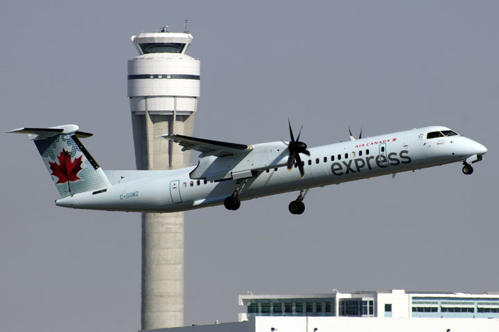 File: Air Canada Express (operated by Jazz) Bombardier Q400 regional airliner takes off at Calgary, Alberta on Sept. 14, 2013.