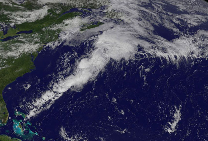 This GOES-East satellite image shows that Post-Tropical Storm Bertha has become associated with a frontal system and has acquired extra-tropical characteristics about 300 miles south of Halifax, Nova Scotia.