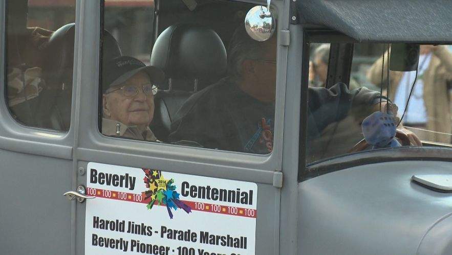 100-year-old Harold Jinks serves as the parade marshall for the centennial celebration of Beverly, Saturday, August 23, 2014.