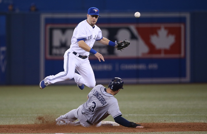 Steve Tolleson #18 of the Toronto Blue Jays gets the force out at second base but cannot turn the double play in the fifth inning during MLB game action as Evan Longoria #3 of the Tampa Bay Rays slides into second base on August 22, 2014 at Rogers Centre in Toronto, Ontario, Canada. (Photo by Tom Szczerbowski/Getty Images).