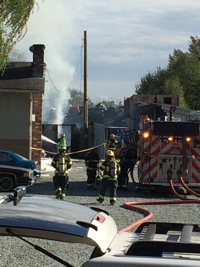 The scene of a fire at an auto wrecking shop in Aldergrove.