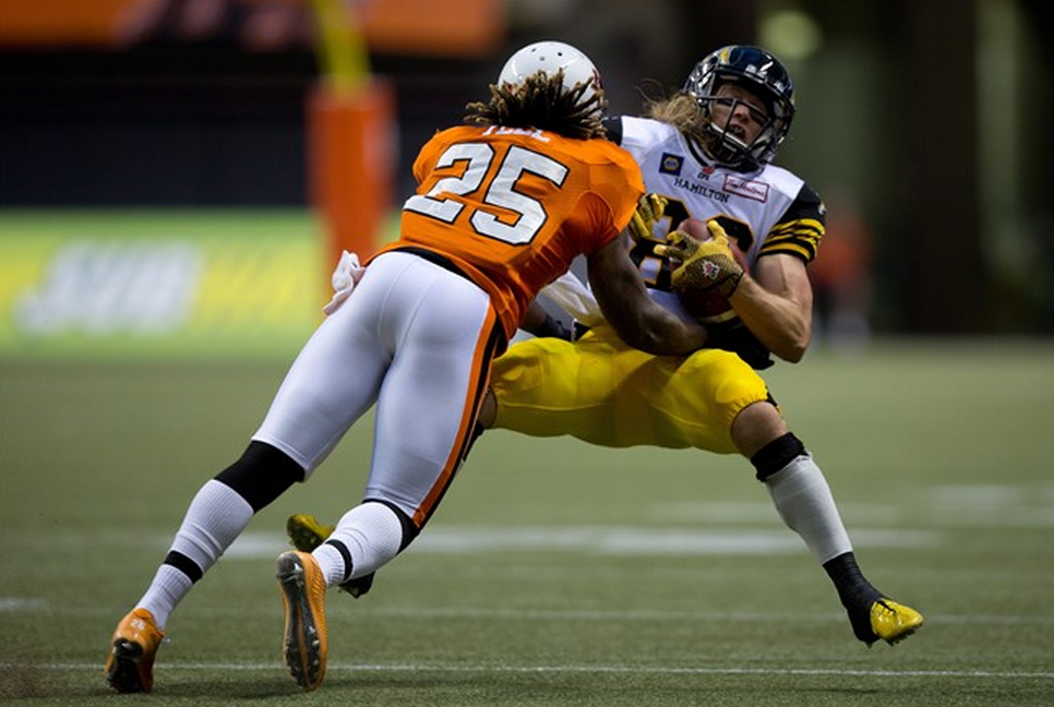 Hamilton Tiger-Cats Cary Koch, right, is hit by B.C. Lions Ronnie Yell during the first half of a CFL football game in Vancouver, B.C., on Friday August 8, 2014. THE CANADIAN PRESS/Darryl Dyck.