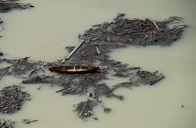 A aerial view shows the damage caused by a tailings pond breach on Lake Polley, B.C. Tuesday, August, 5, 2014. 