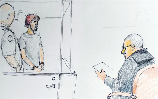 Justin Bourque is shown in a courtroom sketch in Moncton, N.B. on July 3, 2014. 