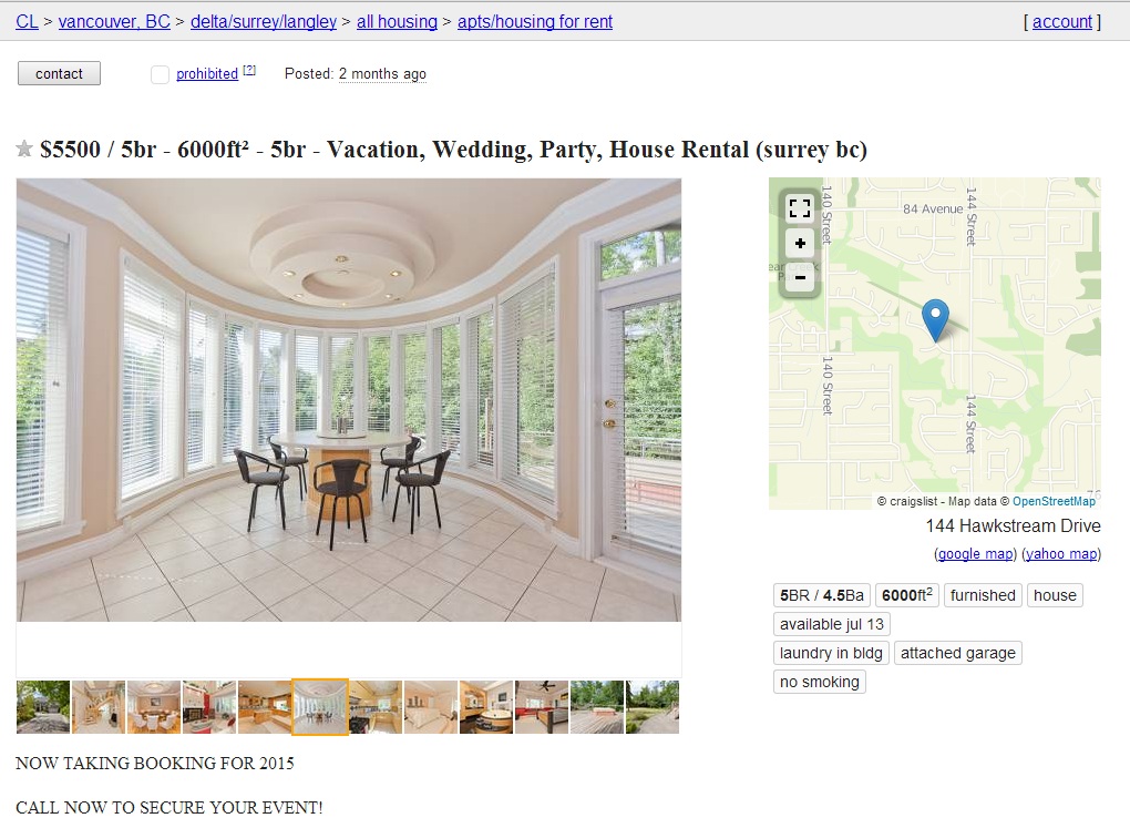 Surrey home advertised as a “vacation, wedding, party, house rental” on Craiglist.