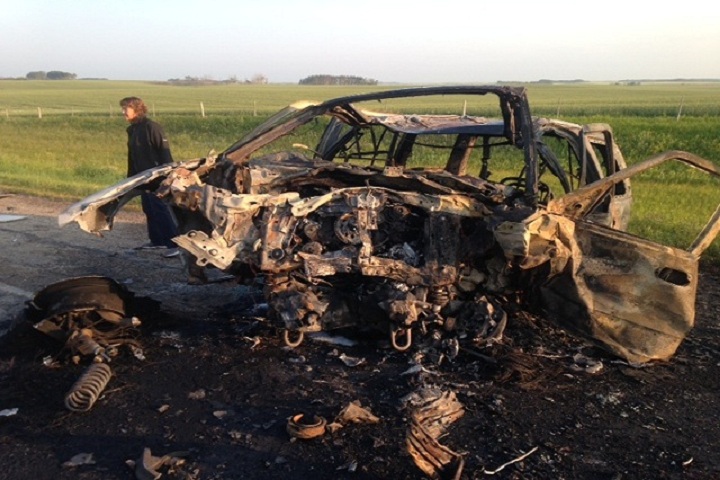 RCMP say two vehicles crashed head-on before bursting into flames. It happened about 10 kilometres east of Balcarres. 
