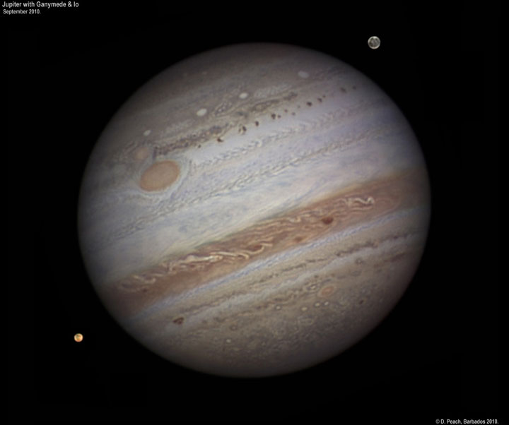 Jupiter, with moons Ganymede and Io taken from Barbados in 2010.