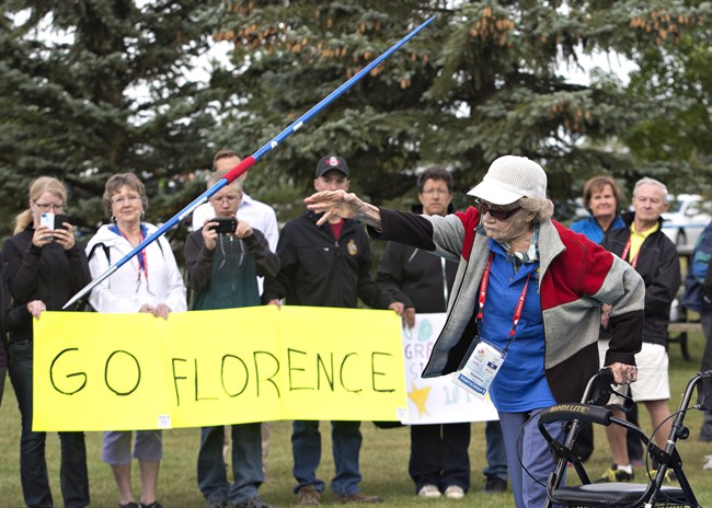 101-year-old Florence Storch throws a javelin during the 2014 Canada 55 plus games in Sherwood Park, Alberta on Thursday August 28, 2014. Storch won a silver medal in her 85 plus category, with a throw of 3.18 meters. 