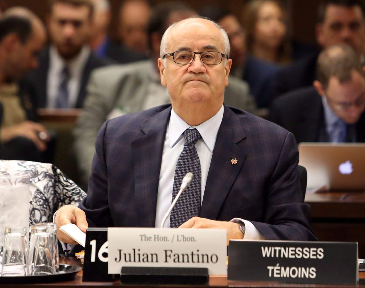Veterans Affairs Minister Julian Fantino, attends a Commons veterans committee in Ottawa, Thursday May 29, 2014. THE CANADIAN PRESS/Fred Chartrand.