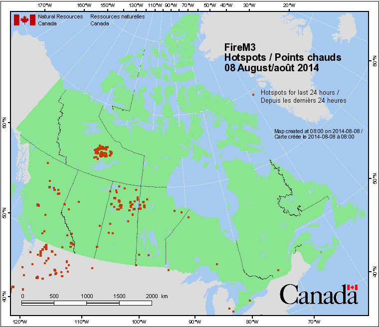This map of “hotspots” across Canada show areas where fires are burning or likely to burn.