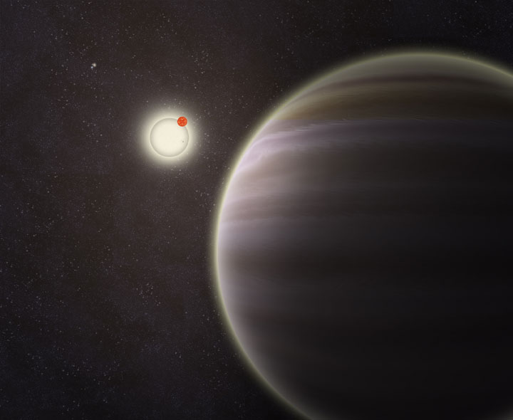 An artist’s illustration of Kepler-64b or PH1, a planet discovered by volunteers from the Planet Hunters citizen science project. PH1, shown in the foreground, is the first reported case of a planet orbiting a double-star that, in turn, is orbited by a second distant pair of stars.