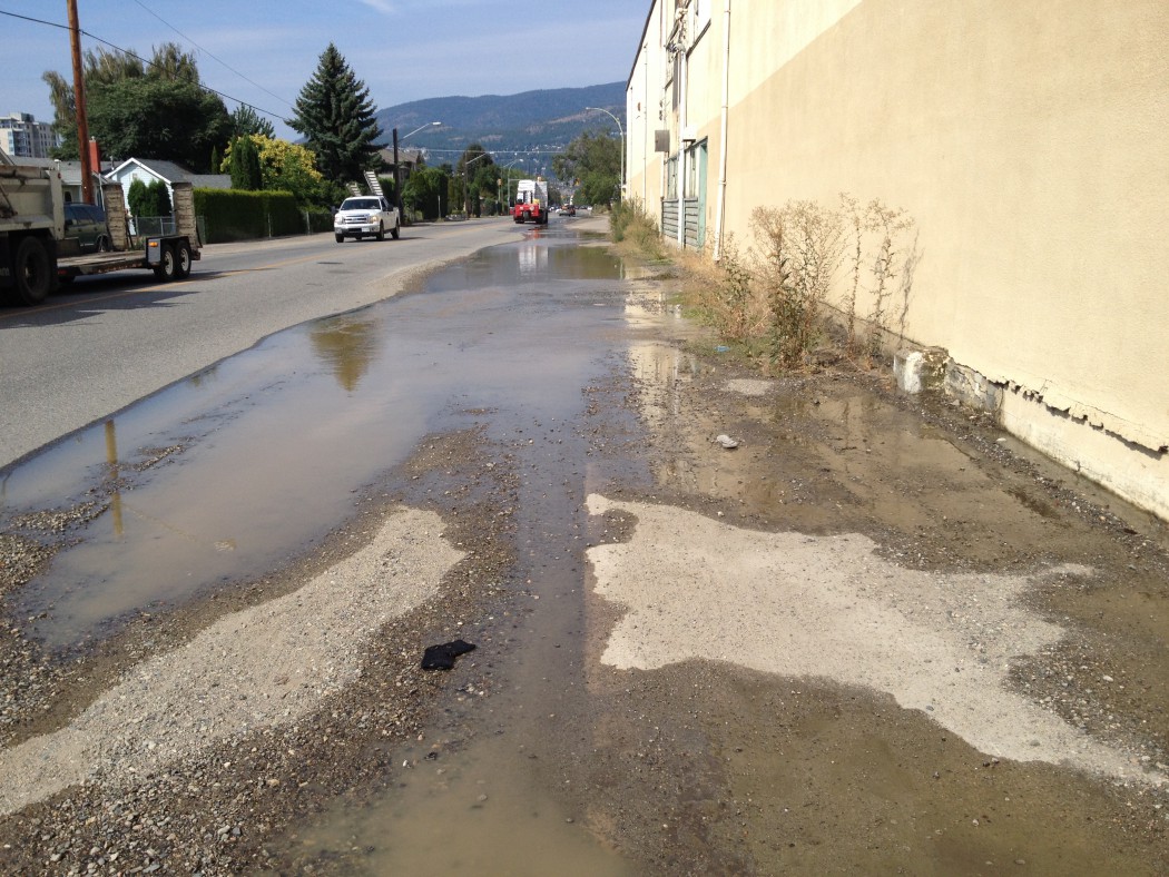 An old B.C. Tree Fruits warehouse in Kelowna recently purchased by a developer has been flooded by a burst pipe. Water flooded out onto Clement Avenue Monday morning. 