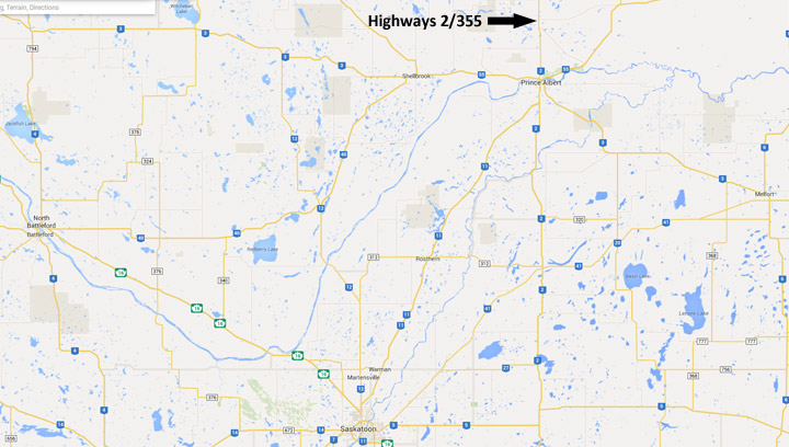 Three people sent to hospital, one with serious injuries, after crash at intersection of highways 2 and 355 near Prince Albert, Sask.