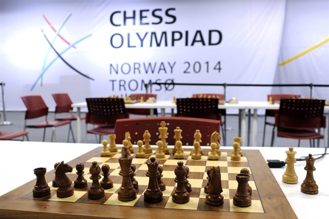 In this file photo taken August, 1, 2014, showing a chess board at the Chess Olympiad Norway 2014 in Tromsoe, Norway. The major international chess tournament in northern Norway ended Thursday Aug. 14, 2014, on a grim note, with one player dying in the middle of a game and another found dead in a hotel room.  (AP Photo / Rune Stoltz Bertinussen, NTB scanpix, FILE).