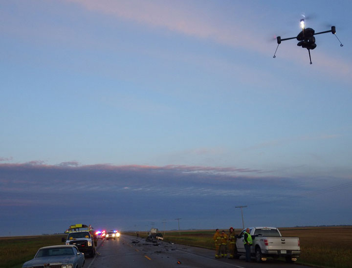 An RCMP unmanned aerial vehicle being used to photograph the scene of a fatal crash near Milestone, Sask.