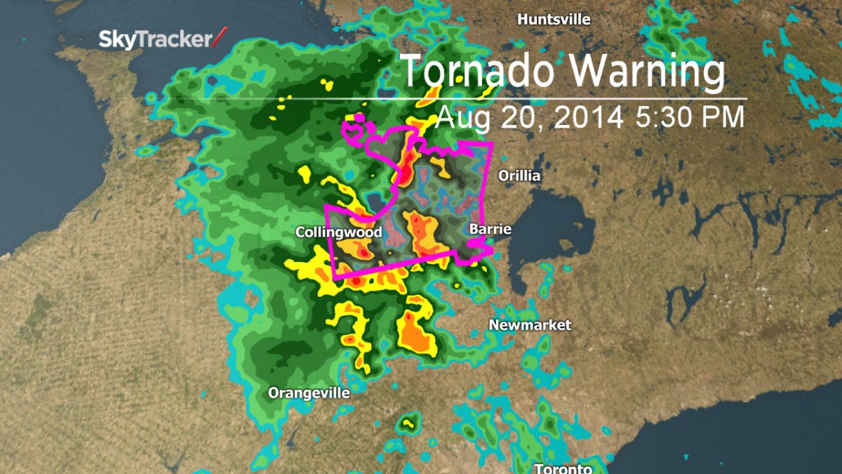 A tornado warning that was issued for the Barrie, Collingwood and Midland area Wednesday night has been cancelled.