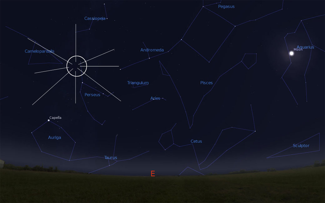 This sky chart depicts the radiant, or the direction from which the Perseids originate.
