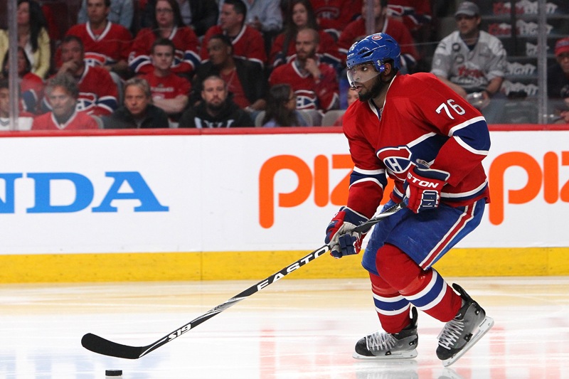  P.K. Subban #76 of the Montreal Canadiens skates with the puck against the New York Rangers in Game Two of the Eastern Conference Finals of the 2014 NHL Stanley Cup Playoffs at the Bell Centre on May 19, 2014 in Montreal, Canada. (Photo by Francois Laplante/Freestyle Photography/Getty Images).