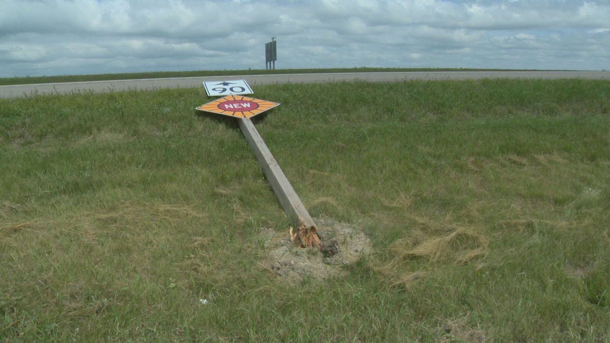 Mounties driving the stretch between Regina and Balgonie noticed Wednesday vandals had knocked over several of the new 90 kilometer per hour signs.