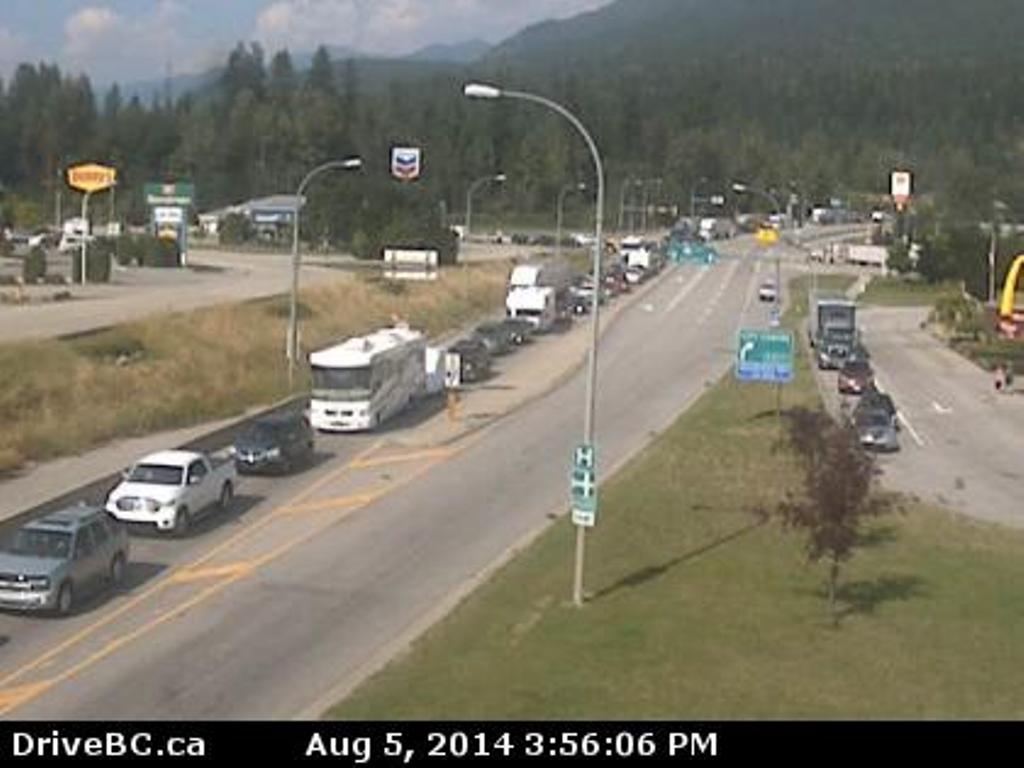 Traffic is at a standstill on the Trans Canada through Revelstoke after a serious crash near the Enchanted Forest tourist attraction, 32 km west. 