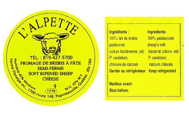 The Canadian Food Inspection Agency is warning the public not to consume a batch of L'Alpette brand cheese because it may contain a toxin produced by Staphylococcus bacteria.