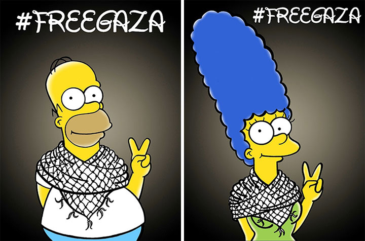 Homer Simpson and Marge Simpson advocate for a free Gaza in these art pieces by Alexsandro Palombo.