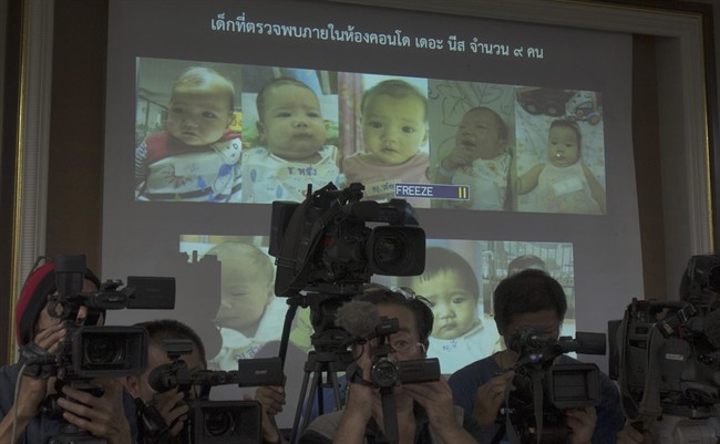 In this Tuesday, Aug. 12, 2014 photo, Thai police display pictures of surrogate babies born to a Japanese man who is at the center of a surrogacy scandal during a press conference at the police headquarters in Chonburi, Thailand. Interpol said Friday it has launched a multinational investigation into what Thailand has dubbed the “Baby Factory” case: the 24-year-old Japanese businessman who has 16 surrogate babies and an alleged desire to father hundreds more.  (AP Photo/Sakchai Lalit).
