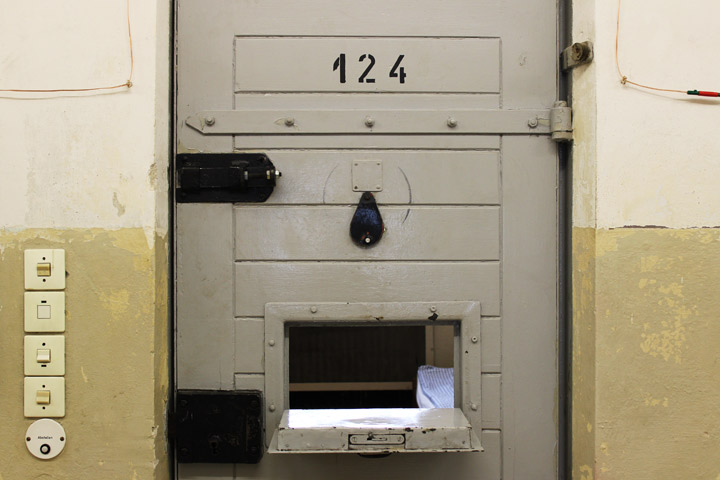 The door of a prisoner's cell in the new building at Hohenschönhausen, the former Stasi prison.