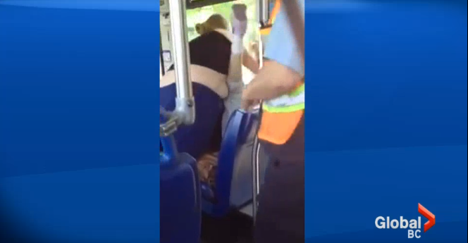 A screenshot of a violent fight on a bus in May 2014. The instigator of the fight, Leah Susan MacKay, has pleaded guilty. 