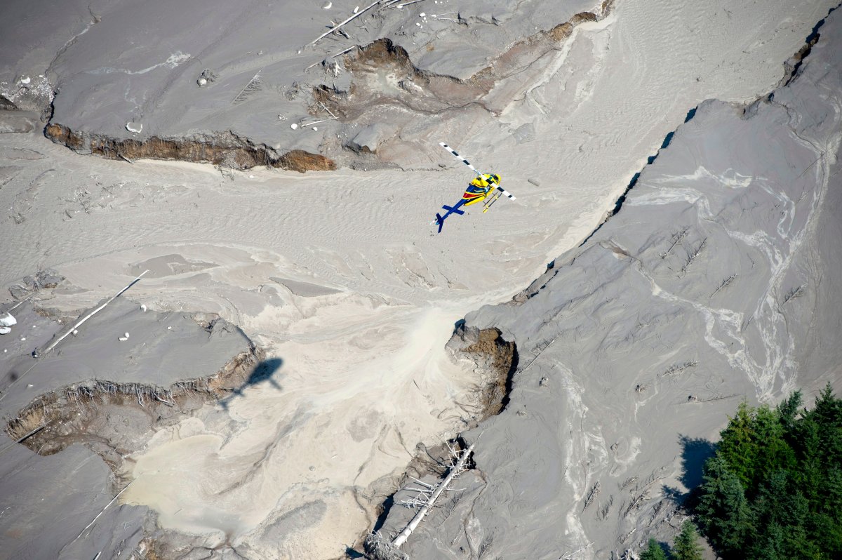 A aerial view shows the damage caused by a tailings pond breach near the town of Likely, B.C. Tuesday, August, 5, 2014. 