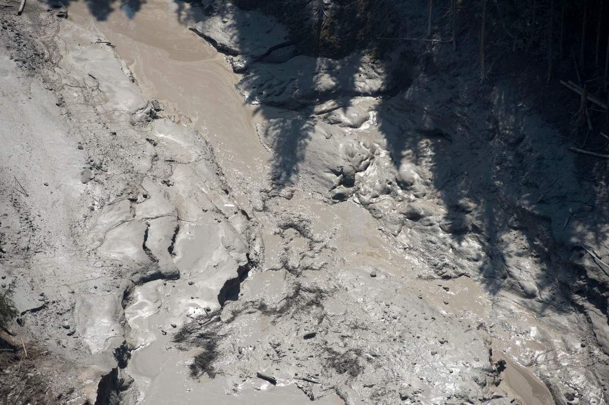 An aerial view shows the damage caused by a tailings pond breach near the town of Likely, B.C. Tuesday, August, 5, 2014.
