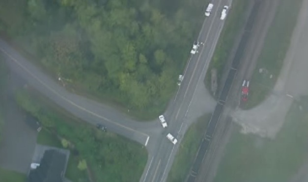 Aerial photo of a train accident in Langley on River Road.