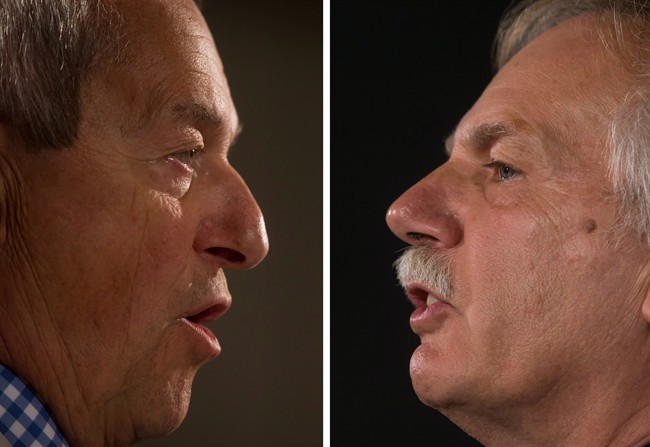 In this two-photograph panel, B.C. Education Minister Peter Fassbender, left, and B.C. Teachers' Federation president Jim Iker, right, speak about the teachers' strike during separate news conferences in Vancouver, B.C., on Sunday August 31, 2014.