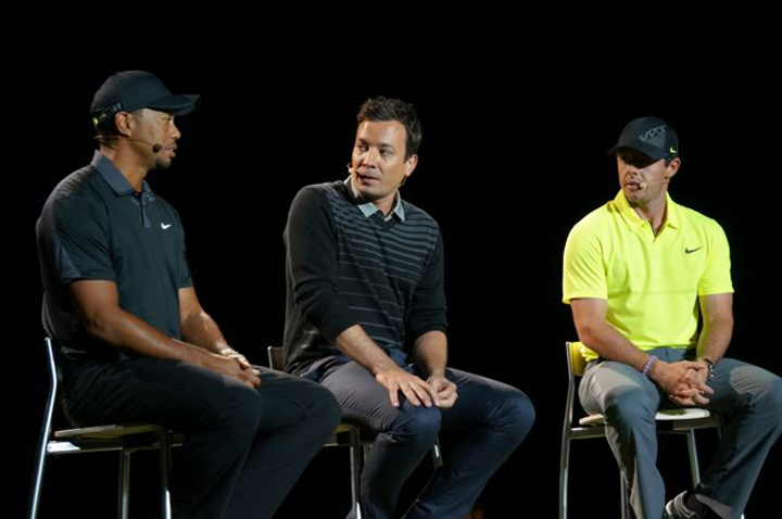 Tiger Woods, Jimmy Fallon and Rory McIlroy discuss Nike’s new Vapor irons on stage in New York City.