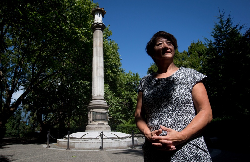 Linda Kawamoto Reid, chair of the Japanese Canadian War Memorial Committee, stands for a photograph at the memorial in Stanley Park in Vancouver, B.C., on Tuesday August 5, 2014. THE CANADIAN PRESS/Darryl Dyck.