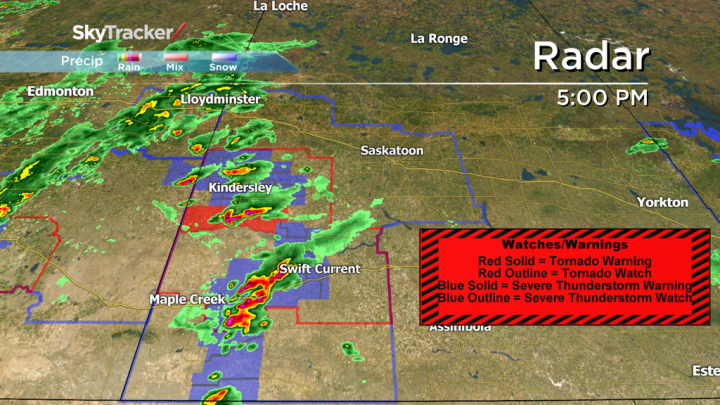 Tornado warning issued for parts of western Saskatchewan, watches in place for southwestern Saskatchewan.