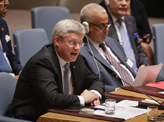Canadian Prime Minister Stephen Harper speaks during a United Nations Security Council meeting, Wednesday, Sept. 24, 2014, at U.N. headquarters. 
