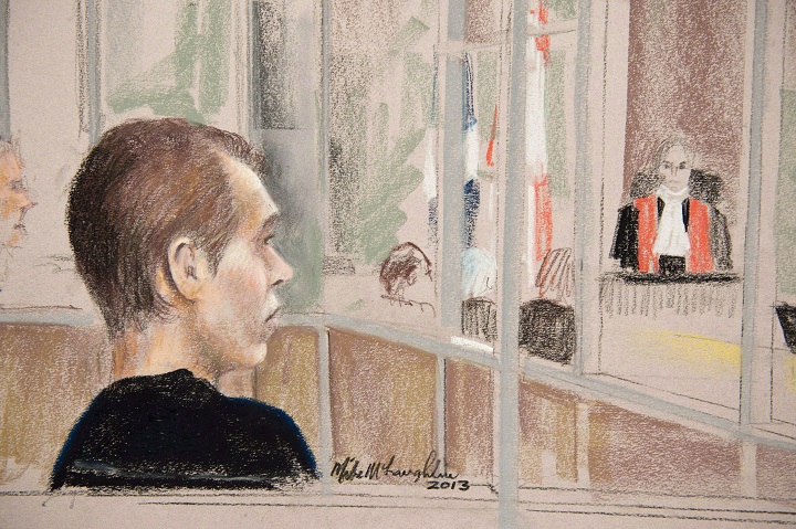 Luka Rocco Magnotta is pictured in court in a artist drawing on January 9, 2013 in Montreal.
