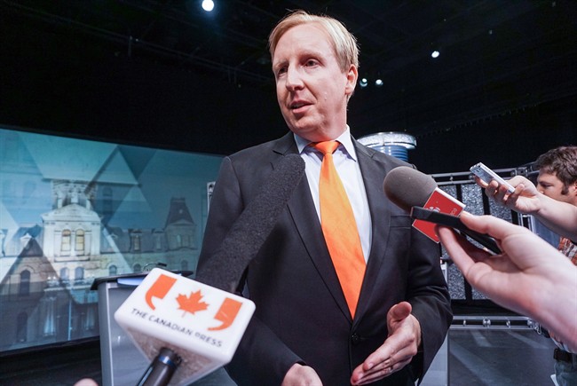 NDP Leader Dominic Cardy speaks to media after the New Brunswick leaders debate in Moncton on Sept. 9, 2014. 