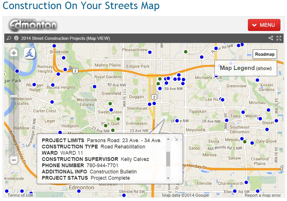 City’s interactive map shows the Parsons Road construction project as “complete”. Sept 18, 2014
