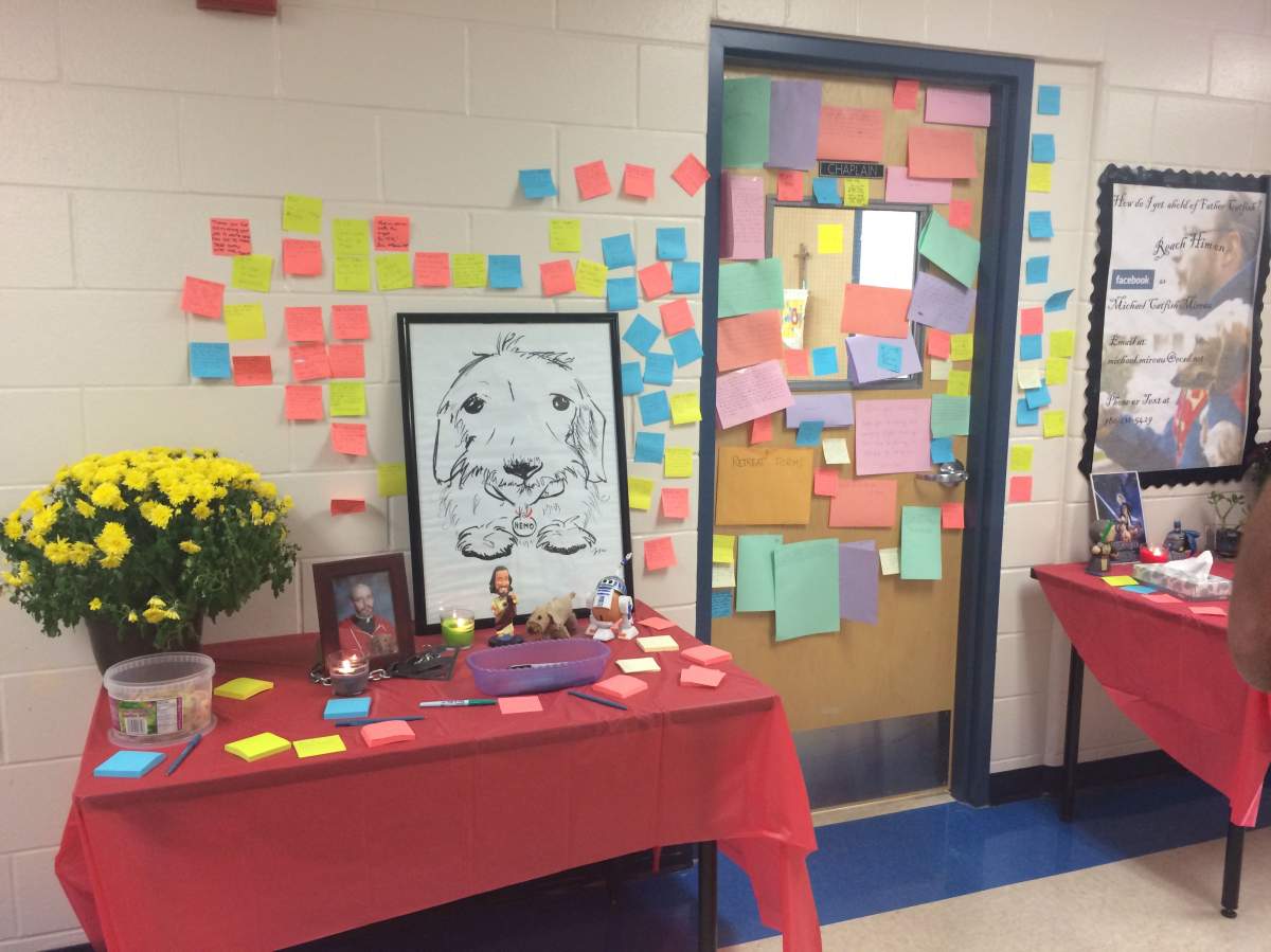 Father Mike’s office door at St. Francis Xavier School, Tuesday, September 23, 2014