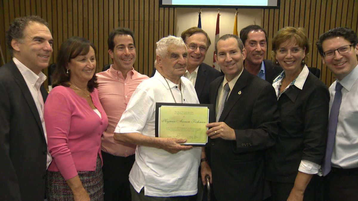City council members sang "Happy Birthday" to Hyman Fishman as he celebrated his 100th birthday at Côte Saint-Luc city hall on September 8, 2014.