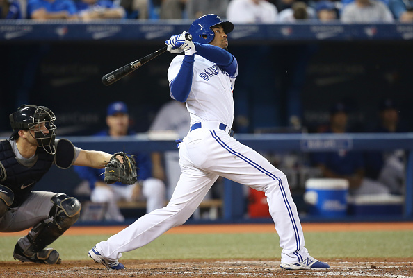 Dalton Pompey #45 of the Toronto Blue Jays hits a solo home run in the fifth inning during MLB game action against the Seattle Mariners on September 23, 2014 at Rogers Centre in Toronto, Ontario, Canada. 