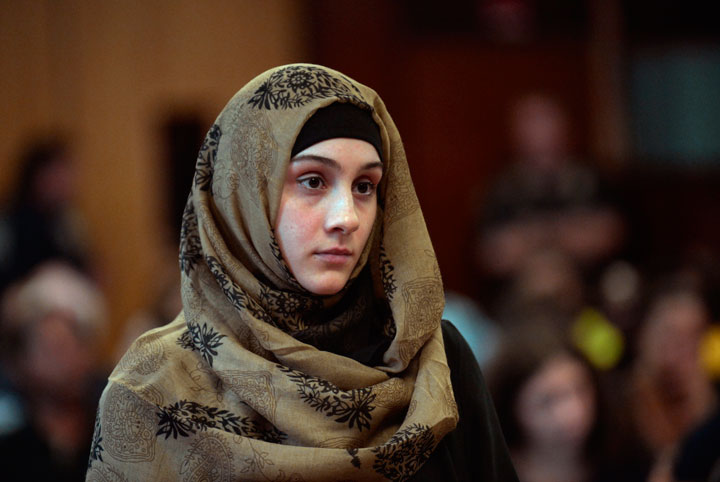 Ailina Tsarnaeva, sister of Boston Marathon bombing suspect Dzhokhar Tsarnaev, appears in Manhattan Criminal Court, Tuesday, Sept. 30, 2014. 