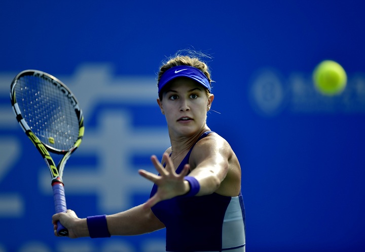 Eugenie Bouchard of Canada prepares to hit a return shot to Petra Kvitova of the Czech Republic during the final of the Wuhan Open tennis tournament in Wuhan, in China's Hubei province Saturday, Sept. 27, 2014.