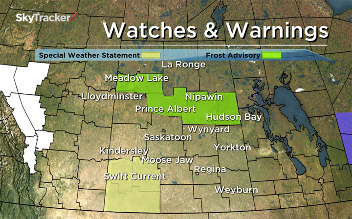 Environment Canada issues a frost advisory and a special weather statement Monday afternoon in central Saskatchewan.