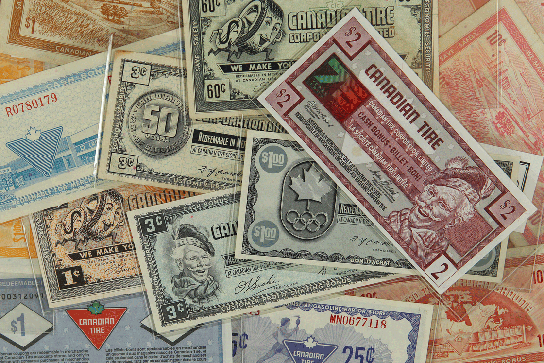Samples of historic Canadian Tire money, from the Canadian Tire Heritage Collection, at the Western University Archive, in London, Ont. Monday, Sept. 8, 2014. THE CANADIAN PRESS/Dave Chidley