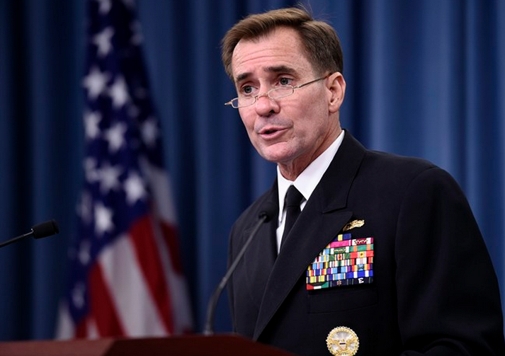 FILE - In this Sept. 2, 2014, file photo, Pentagon press secretary Navy Rear Adm. John Kirby speaks during a briefing at the Pentagon. The Pentagon on Monday night, Sept. 22, says the U.S. and partner nations have begun airstrikes in Syria against Islamic State militants, using a mix of fighter jets, bombers and Tomahawk missiles fired from ships in the region. (AP Photo/Susan Walsh, File).