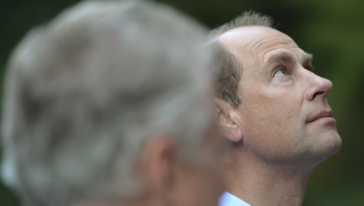 Prince Edward, Earl of Wessex, looks up at the massive trees on the TCT Coho River Trail in North Vancouver, B.C., Sunday, Sept. 14, 2014. Edward begins tour of Saskatchewan Wednesday evening with stop in Moose Jaw and will be in Saskatoon Friday morning.